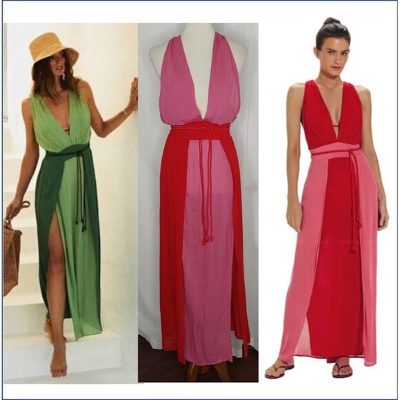 VIX Brigite Long Dress Cover Up M Red Pink Gauzy Resortwear ColorBlock